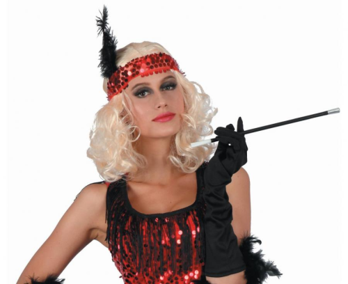 Zmysłowy strój Kabaret Czerwony dla dorosłych (rozmiar M) z suknią (ok. 90 cm) i dekoracją na głowę, producent Godan, idealny na bale i imprezy lata 20./burleska w Tychach – dostępny również do wypożyczenia.