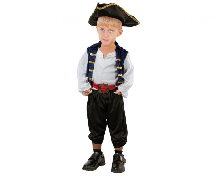 Odważny strój Pirata dla dziecka (rozmiar 92/104 cm) z wielokolorową bluzką, paskiem, kapeluszem i spodniami, producent Godan, idealny na bale i imprezy marynistyczne w Tychach – dostępny również do wypożyczenia.