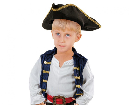 Odważny strój Pirata dla dziecka (rozmiar 92/104 cm) z wielokolorową bluzką, paskiem, kapeluszem i spodniami, producent Godan, idealny na bale i imprezy marynistyczne w Tychach – dostępny również do wypożyczenia.