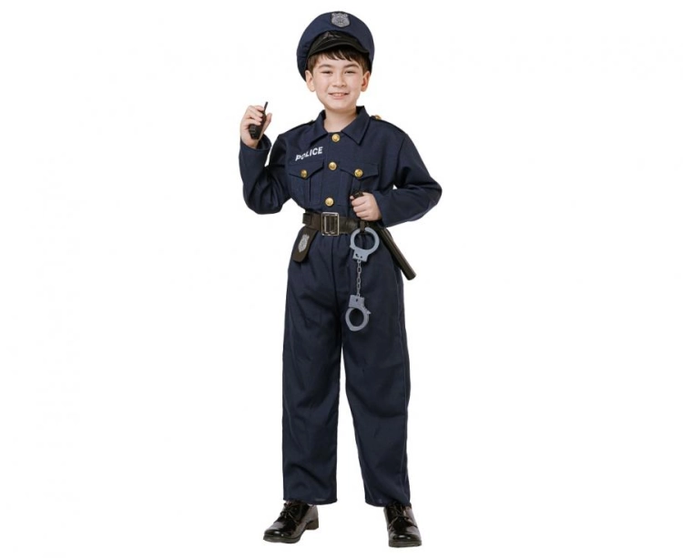 Zestaw dla dzieci Elegancki Policjant (bluzka, spodnie, pasek, czapka, kajdanki, krótkofalówka, pałka), rozm. 130/140 cm