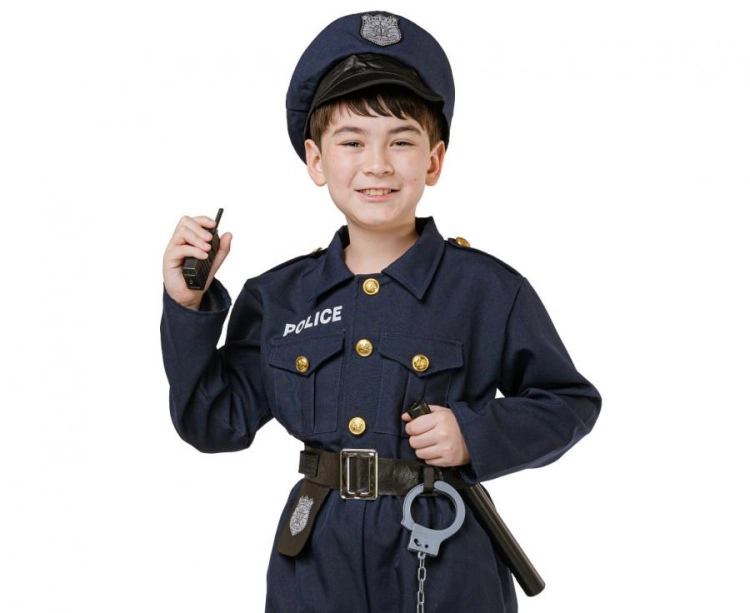 Zestaw dla dzieci Elegancki Policjant (bluzka, spodnie, pasek, czapka, kajdanki, krótkofalówka, pałka), rozm. 130/140 cm