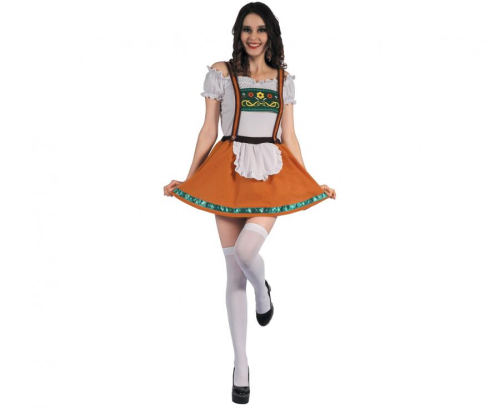 Kompletny strój Bawarka Dirndl Godan (rozmiar M) w kolorze pomarańczowym – idealny kostium na Oktoberfest. Dostępny w sprzedaży i na wypożyczenie w Zabawne Wydry Tychy.