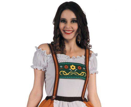 Kompletny strój Bawarka Dirndl Godan (rozmiar M) w kolorze pomarańczowym – idealny kostium na Oktoberfest. Dostępny w sprzedaży i na wypożyczenie w Zabawne Wydry Tychy.