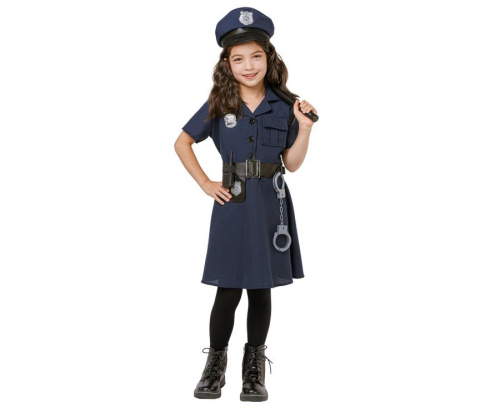 Strój Elegancka Policjantka Godan dla dzieci (rozmiar 130/140 cm) – granatowa sukienka i 6 akcesoriów (kajdanki, krótkofalówka, pałka, czapka, pasek). Kup online lub wypożycz w Zabawne Wydry Tychy.