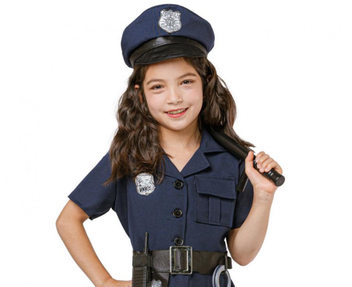 Strój Elegancka Policjantka Godan dla dzieci (rozmiar 130/140 cm) – granatowa sukienka i 6 akcesoriów (kajdanki, krótkofalówka, pałka, czapka, pasek). Kup online lub wypożycz w Zabawne Wydry Tychy.
