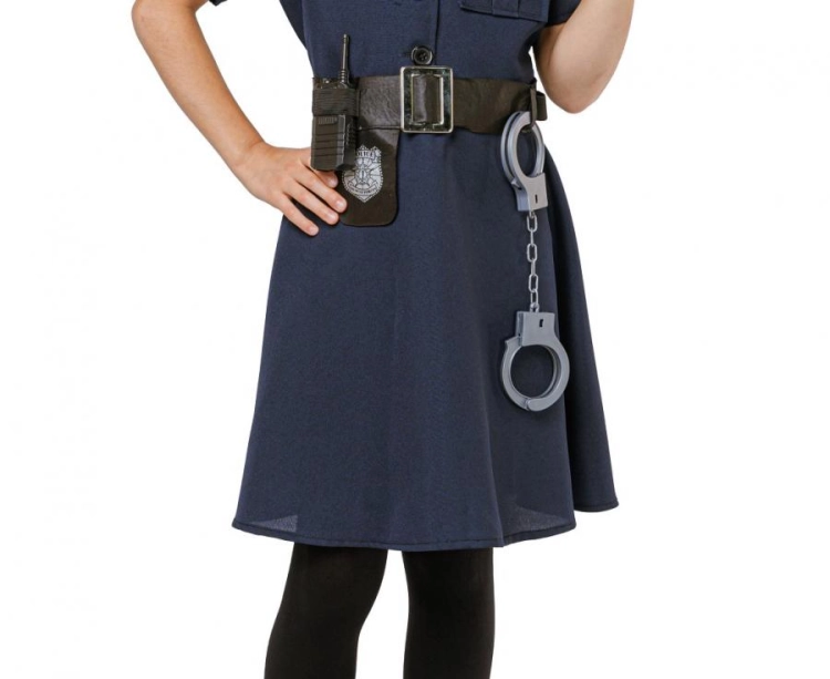 Zestaw dla dzieci Elegancka Policjantka (sukienka, pasek, czapka, kajdanki, krótkofalówka, pałka), rozm. 130/140 cm