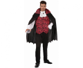 Strój Elegancki Wampir Godan męski (rozmiar 56 / XXL) – komplet: peleryna i bluzka z żabotem (czarno-czerwony). Idealny kostium na Halloween i Karnawał. Kup online lub wypożycz w Zabawne Wydry Tychy.