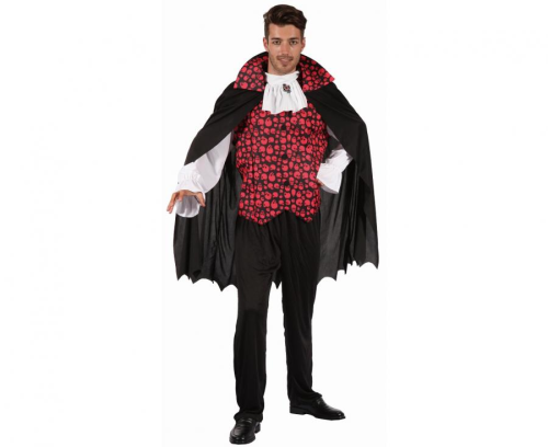 Strój Elegancki Wampir Godan męski (rozmiar 56 / XXL) – komplet: peleryna i bluzka z żabotem (czarno-czerwony). Idealny kostium na Halloween i Karnawał. Kup online lub wypożycz w Zabawne Wydry Tychy.