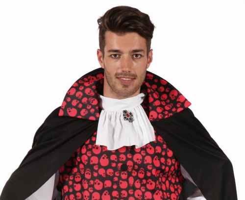 Strój Elegancki Wampir Godan męski (rozmiar 56 / XXL) – komplet: peleryna i bluzka z żabotem (czarno-czerwony). Idealny kostium na Halloween i Karnawał. Kup online lub wypożycz w Zabawne Wydry Tychy.