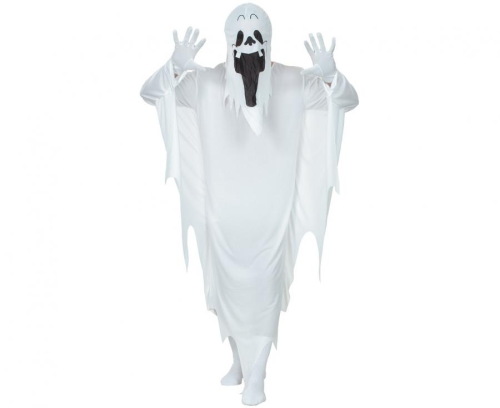 Strój Ducha na Halloween Godan dla dorosłych (rozmiar uniwersalny) – biała szata z kapturem. Klasyczny kostium na imprezę tematyczną. Kup online lub wypożycz w Zabawne Wydry Tychy.