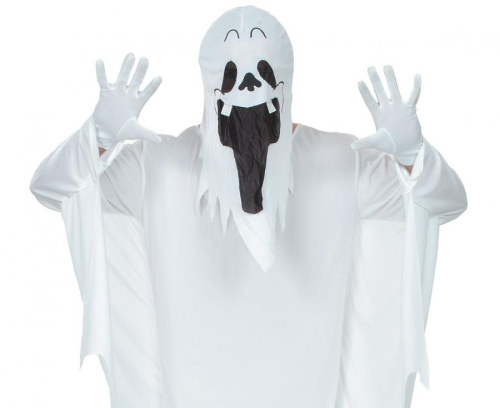 Strój Ducha na Halloween Godan dla dorosłych (rozmiar uniwersalny) – biała szata z kapturem. Klasyczny kostium na imprezę tematyczną. Kup online lub wypożycz w Zabawne Wydry Tychy.