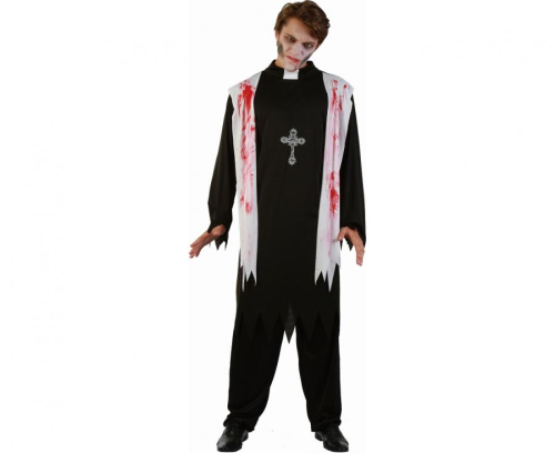Strój Krwawy Ksiądz Godan męski (rozmiar 52 / L-XL) – sutanna z kamizelką (czarno-czerwony). Najbardziej przerażający kostium na Halloween. Kup online lub wypożycz w Zabawne Wydry Tychy.