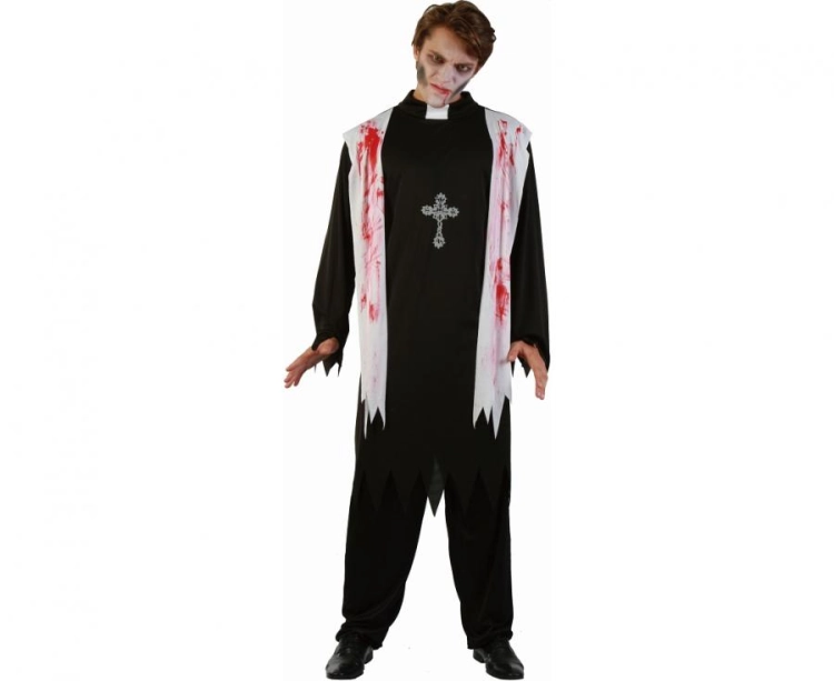 Strój Krwawy Ksiądz Godan męski (rozmiar 52 / L-XL) – sutanna z kamizelką (czarno-czerwony). Najbardziej przerażający kostium na Halloween. Kup online lub wypożycz w Zabawne Wydry Tychy.