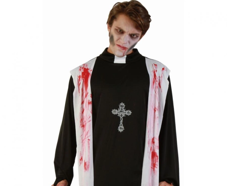Strój Krwawy Ksiądz Godan męski (rozmiar 52 / L-XL) – sutanna z kamizelką (czarno-czerwony). Najbardziej przerażający kostium na Halloween. Kup online lub wypożycz w Zabawne Wydry Tychy.