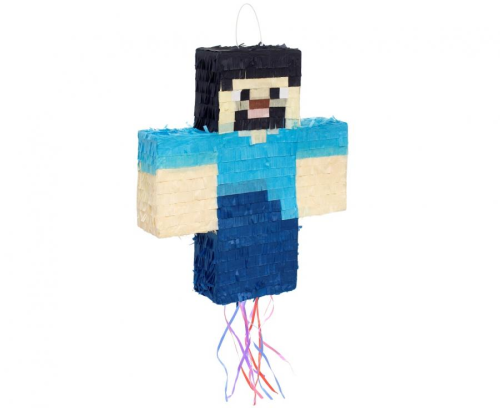 Urodzinowa Piniata Mr. Pixel Godan (40 cm) – ręcznie robiona, niebieska piniata NA SZNURKI (do ciągnięcia). Bezpieczna atrakcja na imprezę Gaming/Minecraft. Kup online w Zabawne Wydry Tychy.