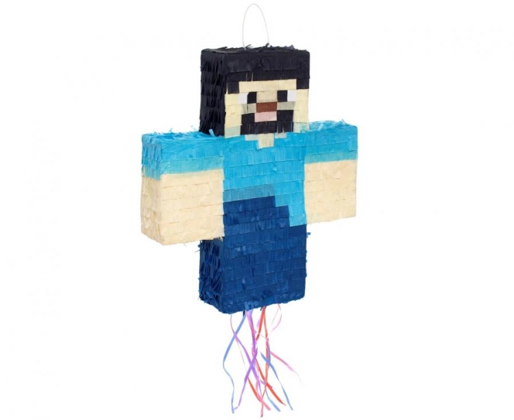 Urodzinowa Piniata Mr. Pixel Godan (40 cm) – ręcznie robiona, niebieska piniata NA SZNURKI (do ciągnięcia). Bezpieczna atrakcja na imprezę Gaming/Minecraft. Kup online w Zabawne Wydry Tychy.