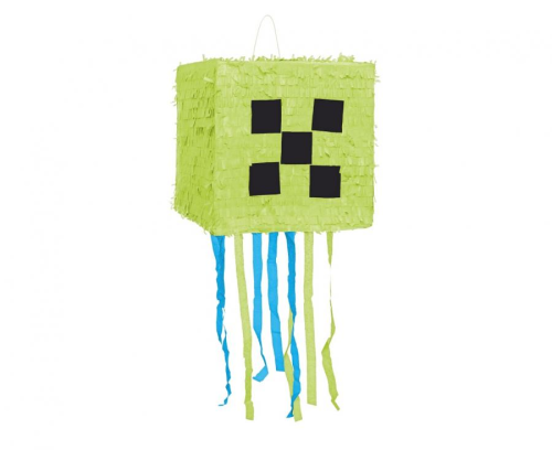 Urodzinowa Piniata Pixel Godan (28x28 cm) – ręcznie robiona, zielona piniata NA SZNURKI (do ciągnięcia). Bezpieczna atrakcja na urodziny Minecraft. Kup online w Zabawne Wydry Tychy.
