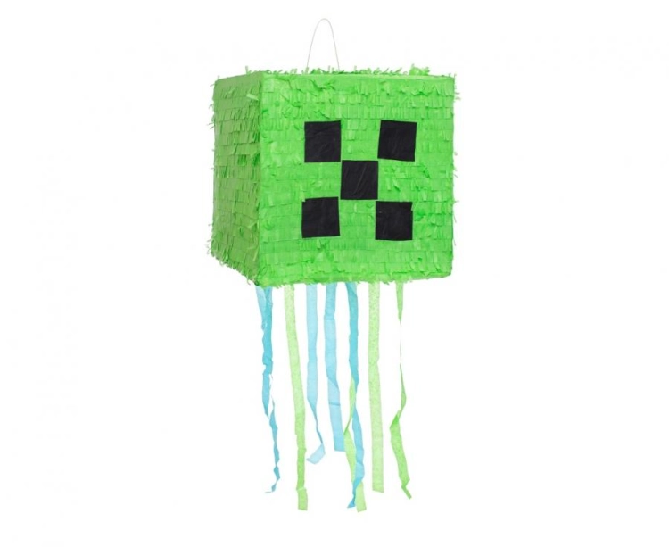 Urodzinowa Piniata Pixel Godan (28x28 cm) – ręcznie robiona, zielona piniata NA SZNURKI (do ciągnięcia). Bezpieczna atrakcja na urodziny Minecraft. Kup online w Zabawne Wydry Tychy.