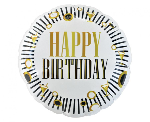 Balon foliowy okrągły Happy Birthday Godan (18 cali) w kolorach biało-czarno-złotym. Balon na hel lub powietrze. Elegancka dekoracja.