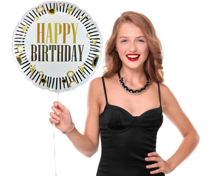 Balon foliowy okrągły Happy Birthday Godan (18 cali) w kolorach biało-czarno-złotym. Balon na hel lub powietrze. Elegancka dekoracja.
