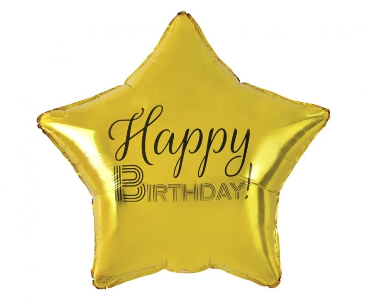 Balon foliowy gwiazda Happy Birthday 19 cali (48cm) w kolorze złoto-czarnym od Godan. Idealny do bukietów balonowych, napełnianie helem w Tychach.