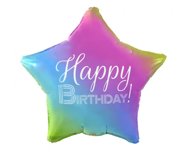 Balon foliowy gwiazda Happy Birthday 19 cali (44cm) tęczowy, na hel lub powietrze, producent Godan.