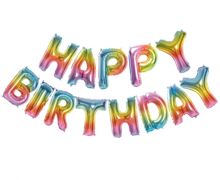 Zestaw balonów foliowych liter Happy Birthday (tęczowy, wielokolorowy). Kompletny napis idealny na ściankę do zdjęć. Kup online w Zabawne Wydry Tychy.