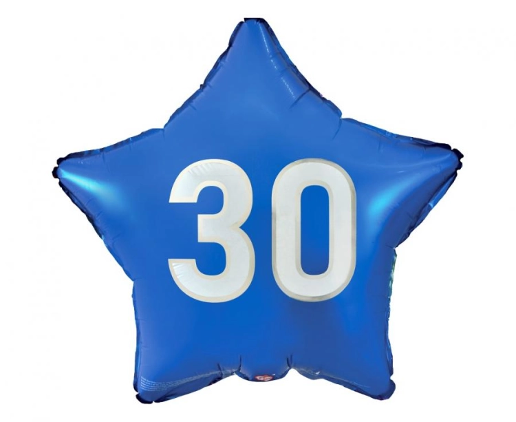 Balon foliowy gwiazda liczba 30 Godan (44cm) w kolorze niebieskim. Idealny balon na hel na 30 urodziny. Kup online lub napełnij w Zabawne Wydry Tychy.