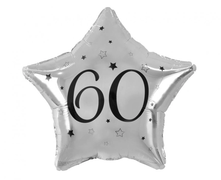 Balon foliowy gwiazda liczba 60 Godan (44cm) w kolorze srebrnym. Idealny balon na hel na 60 urodziny i rocznice. Kup online lub napełnij w Zabawne Wydry Tychy.