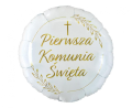 Balon foliowy Komunia Święta Godan (46cm) w kolorach biało-złotym. Balon z nadrukiem Kłosy. Nadaje się na hel lub powietrze. Elegancka dekoracja komunijna.