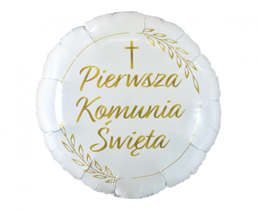 Balon foliowy Komunia Święta Godan (46cm) w kolorach biało-złotym. Balon z nadrukiem Kłosy. Nadaje się na hel lub powietrze. Elegancka dekoracja komunijna.