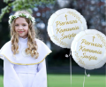 Balon foliowy Komunia Święta Godan (46cm) w kolorach biało-złotym. Balon z nadrukiem Kłosy. Nadaje się na hel lub powietrze. Elegancka dekoracja komunijna.