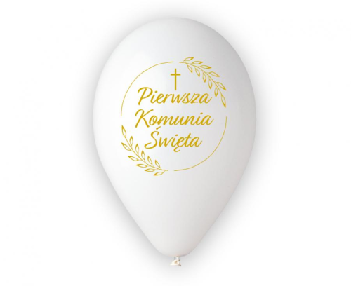 Balony lateksowe Pierwsza Komunia Święta Gemar (12 cali) na sztuki. Balony z nadrukiem Kłosy. Idealne na hel lub powietrze. Biało-złote dekoracje komunijne w Tychach.