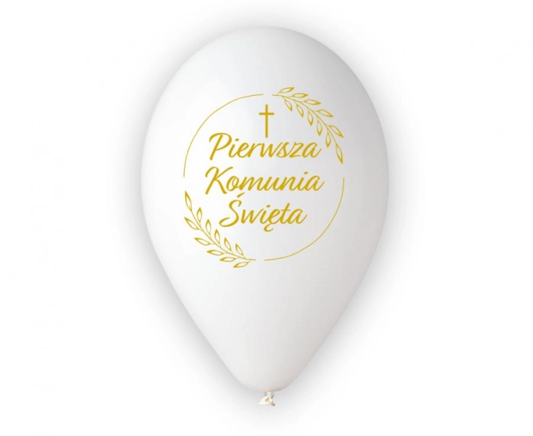 Balony lateksowe Pierwsza Komunia Święta Gemar (12 cali) na sztuki. Balony z nadrukiem Kłosy. Idealne na hel lub powietrze. Biało-złote dekoracje komunijne w Tychach.