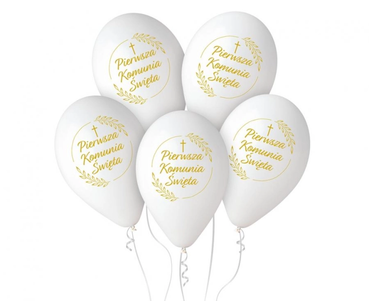 Balony lateksowe Pierwsza Komunia Święta Gemar (12 cali) na sztuki. Balony z nadrukiem Kłosy. Idealne na hel lub powietrze. Biało-złote dekoracje komunijne w Tychach.