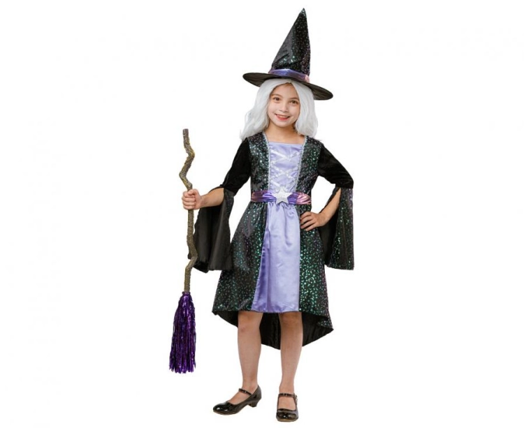 Strój Nieziemska Czarownica Godan dla dziewczynki (rozmiar 110/120 cm) – różnokolorowa sukienka i kapelusz. Idealny kostium na Halloween. Kup online lub wypożycz w Zabawne Wydry Tychy.