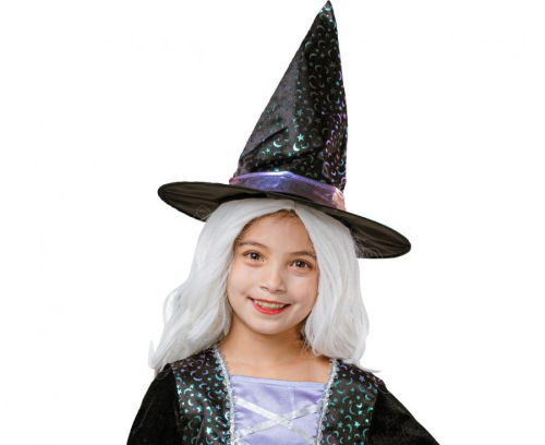 Strój Nieziemska Czarownica Godan dla dziewczynki (rozmiar 110/120 cm) – różnokolorowa sukienka i kapelusz. Idealny kostium na Halloween. Kup online lub wypożycz w Zabawne Wydry Tychy.