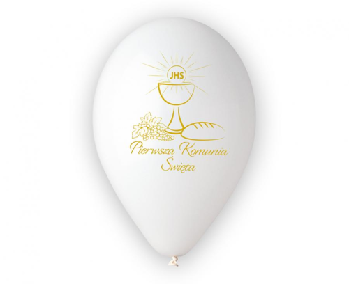 Balony lateksowe Pierwsza Komunia Święta Gemar 13 cali na sztuki. Białe balony z nadrukiem, idealne na hel lub powietrze. Elastyczny zakup dekoracji komunijnych w Tychach.