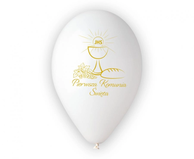 Balony lateksowe Pierwsza Komunia Święta Gemar 13 cali na sztuki. Białe balony z nadrukiem, idealne na hel lub powietrze. Elastyczny zakup dekoracji komunijnych w Tychach.