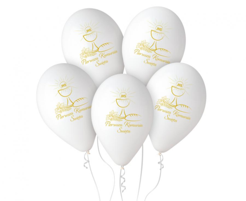 Balony lateksowe Pierwsza Komunia Święta Gemar 13 cali na sztuki. Białe balony z nadrukiem, idealne na hel lub powietrze. Elastyczny zakup dekoracji komunijnych w Tychach.
