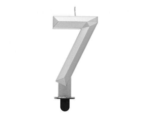Świeczka Cyfra 7 na tort Godan, metalizowana srebrna. Świeczka urodzinowa 9 cm, idealna dekoracja na 7, 17, 70 urodziny.