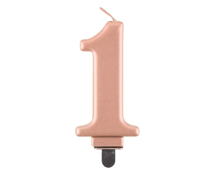Świeczka Cyfra 1 na tort Godan B&amp;C, metaliczna Różowo-Złota (Rose Gold). Świeczka urodzinowa, idealna dekoracja na Roczek i 18 urodziny.