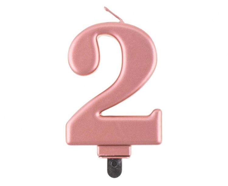 Świeczka Cyfra 2 na tort Godan B&amp;C, metaliczna Różowo-Złota (Rose Gold). Świeczka urodzinowa, idealna dekoracja na 2, 12, 20 urodziny.