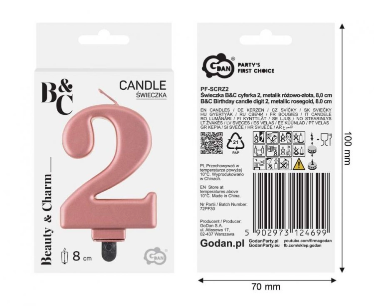 Świeczka Cyfra 2 na tort Godan B&amp;C, metaliczna Różowo-Złota (Rose Gold). Świeczka urodzinowa, idealna dekoracja na 2, 12, 20 urodziny.