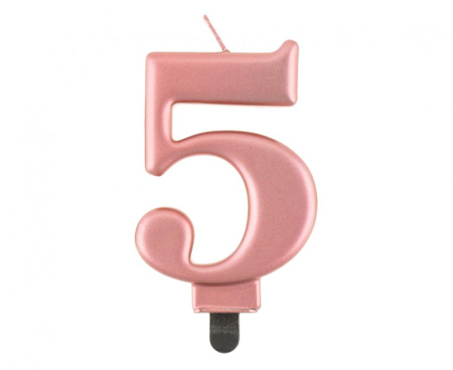 Świeczka Cyfra 5 na tort Godan B&amp;C, metaliczna Różowo-Złota (Rose Gold). Świeczka urodzinowa 9 cm, idealna dekoracja na 5 i 50 urodziny.