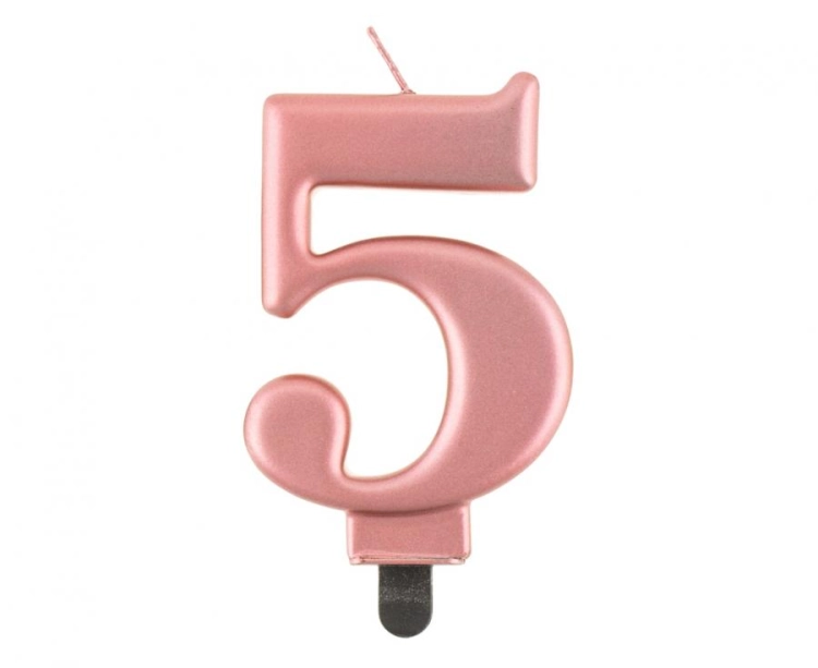 Świeczka Cyfra 5 na tort Godan B&amp;C, metaliczna Różowo-Złota (Rose Gold). Świeczka urodzinowa 9 cm, idealna dekoracja na 5 i 50 urodziny.
