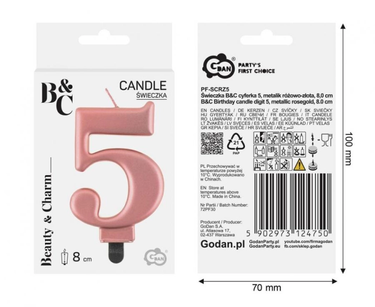 Świeczka Cyfra 5 na tort Godan B&amp;C, metaliczna Różowo-Złota (Rose Gold). Świeczka urodzinowa 9 cm, idealna dekoracja na 5 i 50 urodziny.