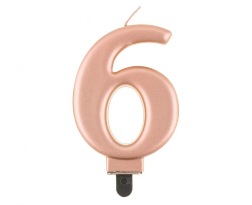 Świeczka Cyfra 6 na tort Godan B&amp;C, metaliczna Różowo-Złota (Rose Gold). Świeczka urodzinowa 9 cm, idealna dekoracja na 6 i 60 urodziny.