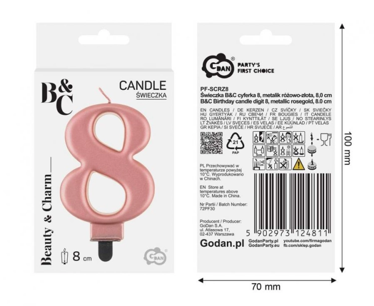 Świeczka Cyfra 8 na tort Godan B&amp;C, metaliczna Różowo-Złota (Rose Gold). Świeczka urodzinowa 9 cm, niezbędna dekoracja na 18 i 80 urodziny.