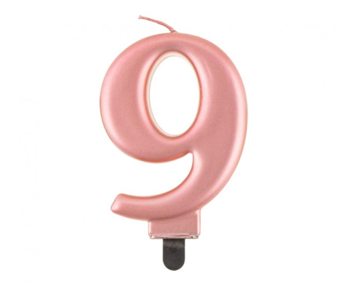 Świeczka Cyfra 9 na tort Godan B&amp;C, metaliczna Różowo-Złota (Rose Gold). Świeczka urodzinowa 9 cm, idealna dekoracja na 9 i 90 urodziny.